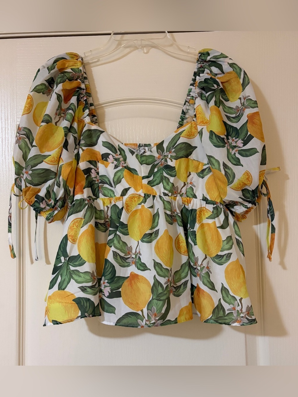 Lemon Print Puff Sleeve Peplum Top - Yellow